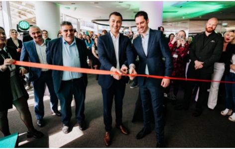 Malta’s Minister for the Economy, Enterprise and Strategic Projects and Max Portelli, SoftBet CFO, celebrate the opening of SoftBet’s brand new office at The Quad Central business centre.